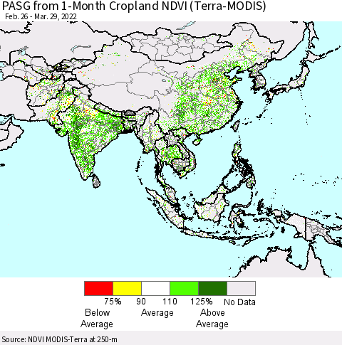 Asia PASG from 1-Month Cropland NDVI (Terra-MODIS) Thematic Map For 3/22/2022 - 3/29/2022