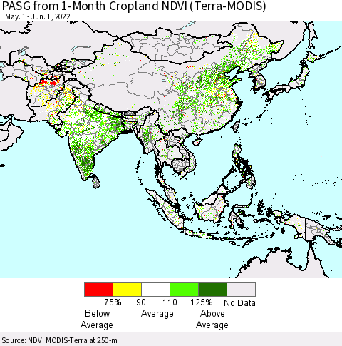 Asia PASG from 1-Month Cropland NDVI (Terra-MODIS) Thematic Map For 5/25/2022 - 6/1/2022