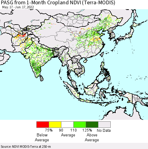 Asia PASG from 1-Month Cropland NDVI (Terra-MODIS) Thematic Map For 6/10/2022 - 6/17/2022