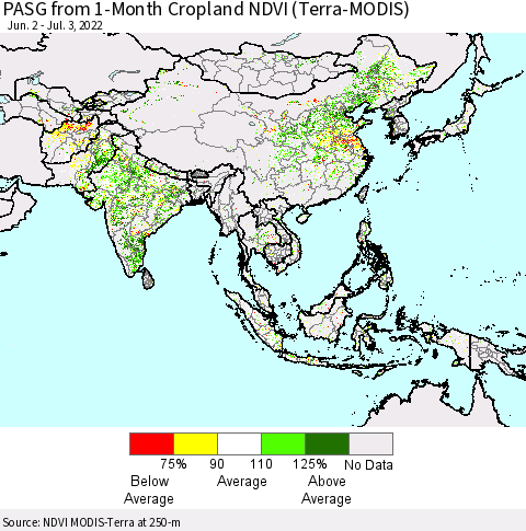 Asia PASG from 1-Month Cropland NDVI (Terra-MODIS) Thematic Map For 6/26/2022 - 7/3/2022