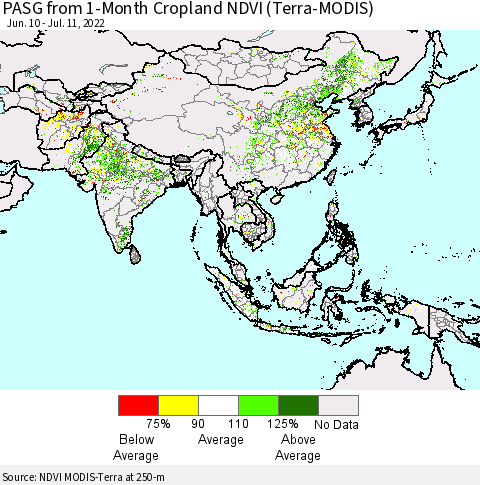 Asia PASG from 1-Month Cropland NDVI (Terra-MODIS) Thematic Map For 7/4/2022 - 7/11/2022