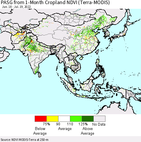 Asia PASG from 1-Month Cropland NDVI (Terra-MODIS) Thematic Map For 7/12/2022 - 7/19/2022