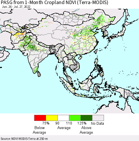 Asia PASG from 1-Month Cropland NDVI (Terra-MODIS) Thematic Map For 7/20/2022 - 7/27/2022