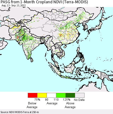 Asia PASG from 1-Month Cropland NDVI (Terra-MODIS) Thematic Map For 9/6/2022 - 9/13/2022