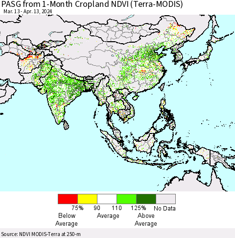 Asia PASG from 1-Month Cropland NDVI (Terra-MODIS) Thematic Map For 4/6/2024 - 4/13/2024