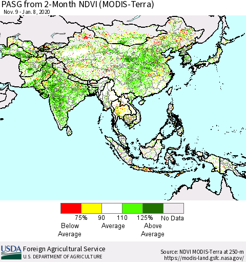 Asia PASG from 2-Month NDVI (Terra-MODIS) Thematic Map For 1/1/2020 - 1/10/2020