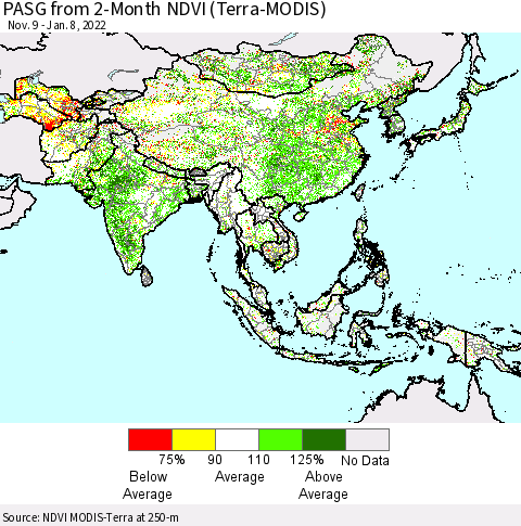 Asia PASG from 2-Month NDVI (Terra-MODIS) Thematic Map For 1/1/2022 - 1/8/2022