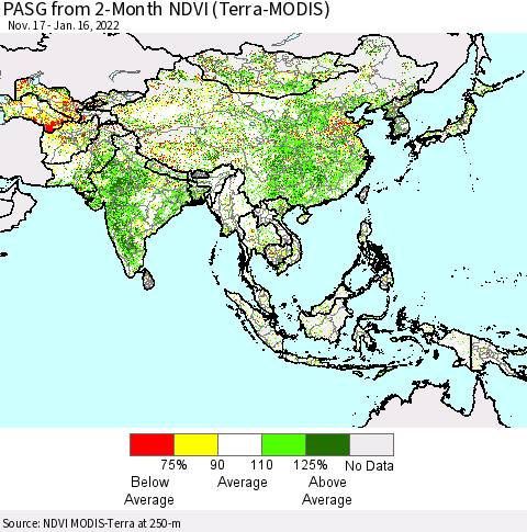 Asia PASG from 2-Month NDVI (Terra-MODIS) Thematic Map For 1/9/2022 - 1/16/2022
