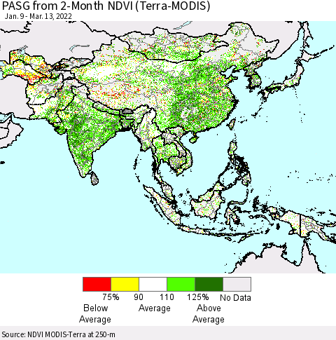 Asia PASG from 2-Month NDVI (Terra-MODIS) Thematic Map For 3/6/2022 - 3/13/2022