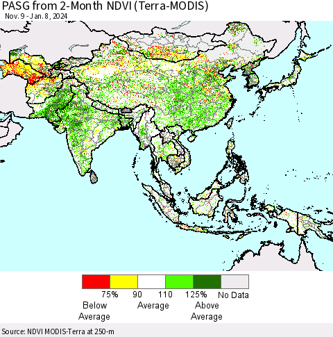 Asia PASG from 2-Month NDVI (Terra-MODIS) Thematic Map For 1/1/2024 - 1/8/2024
