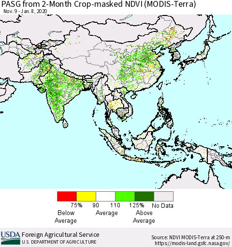Asia PASG from 2-Month Cropland NDVI (Terra-MODIS) Thematic Map For 1/1/2020 - 1/10/2020