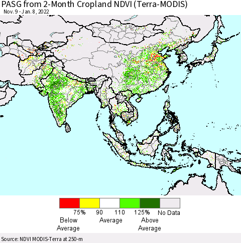 Asia PASG from 2-Month Cropland NDVI (Terra-MODIS) Thematic Map For 1/1/2022 - 1/8/2022