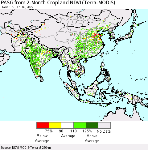 Asia PASG from 2-Month Cropland NDVI (Terra-MODIS) Thematic Map For 1/9/2022 - 1/16/2022
