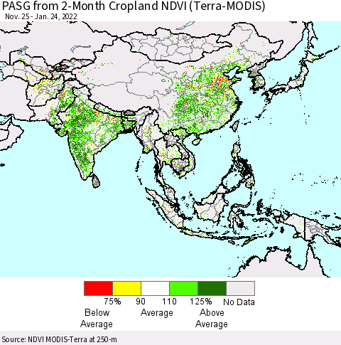 Asia PASG from 2-Month Cropland NDVI (Terra-MODIS) Thematic Map For 1/17/2022 - 1/24/2022