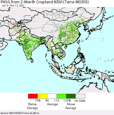 Asia PASG from 2-Month Cropland NDVI (Terra-MODIS) Thematic Map For 3/6/2022 - 3/13/2022