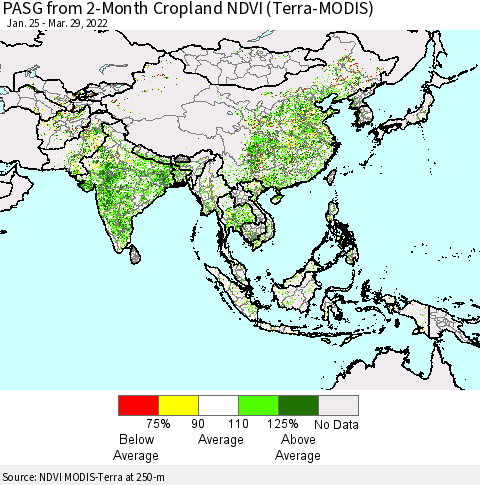 Asia PASG from 2-Month Cropland NDVI (Terra-MODIS) Thematic Map For 3/22/2022 - 3/29/2022