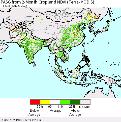 Asia PASG from 2-Month Cropland NDVI (Terra-MODIS) Thematic Map For 4/15/2022 - 4/22/2022
