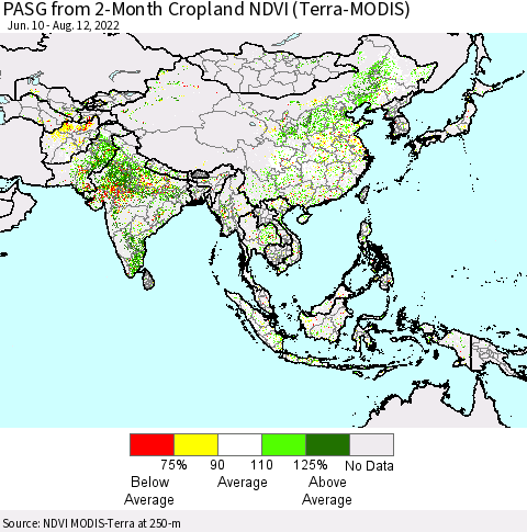 Asia PASG from 2-Month Cropland NDVI (Terra-MODIS) Thematic Map For 8/5/2022 - 8/12/2022