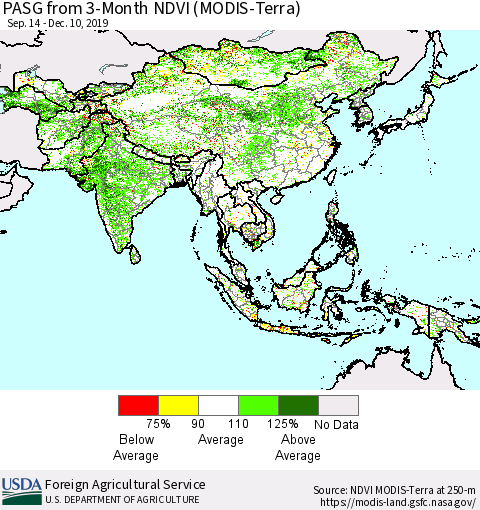 Asia PASG from 3-Month NDVI (Terra-MODIS) Thematic Map For 12/1/2019 - 12/10/2019