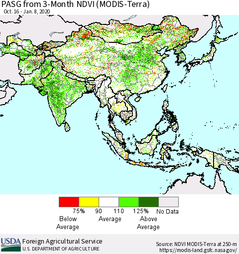 Asia PASG from 3-Month NDVI (Terra-MODIS) Thematic Map For 1/1/2020 - 1/10/2020