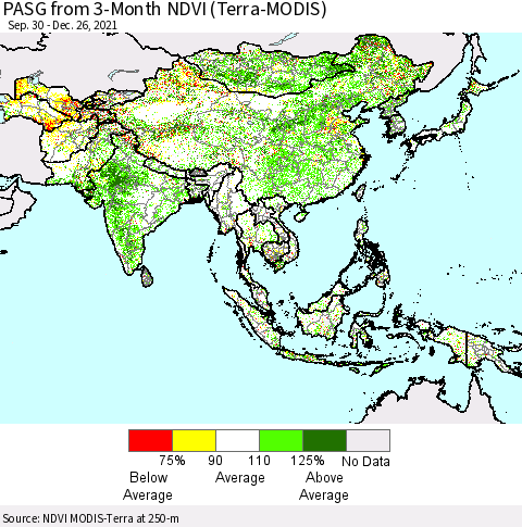Asia PASG from 3-Month NDVI (Terra-MODIS) Thematic Map For 12/26/2021 - 1/2/2022