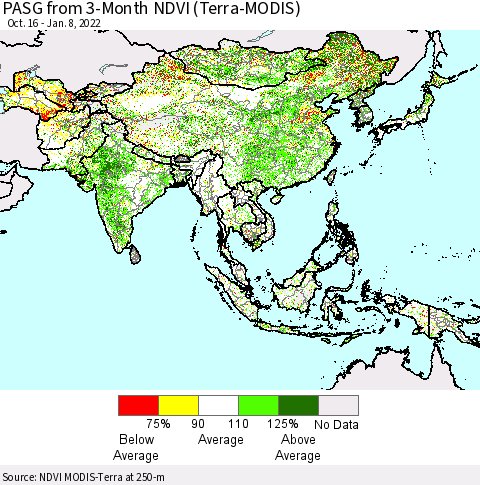 Asia PASG from 3-Month NDVI (Terra-MODIS) Thematic Map For 1/1/2022 - 1/8/2022