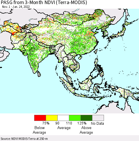 Asia PASG from 3-Month NDVI (Terra-MODIS) Thematic Map For 1/17/2022 - 1/24/2022