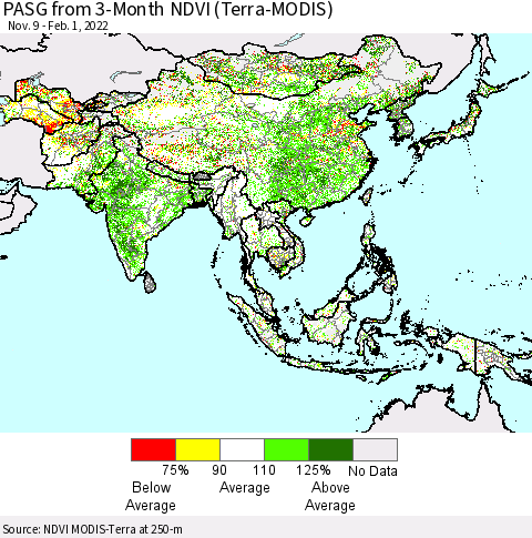 Asia PASG from 3-Month NDVI (Terra-MODIS) Thematic Map For 1/25/2022 - 2/1/2022
