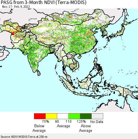 Asia PASG from 3-Month NDVI (Terra-MODIS) Thematic Map For 2/2/2022 - 2/9/2022