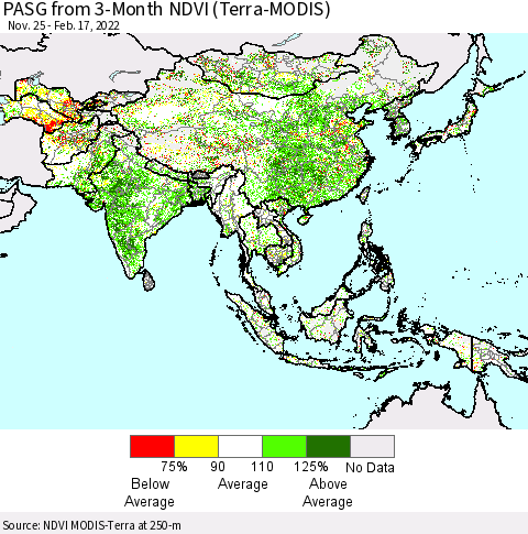 Asia PASG from 3-Month NDVI (Terra-MODIS) Thematic Map For 2/10/2022 - 2/17/2022