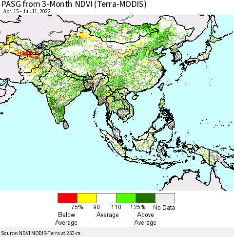 Asia PASG from 3-Month NDVI (Terra-MODIS) Thematic Map For 7/4/2022 - 7/11/2022