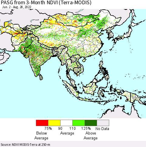 Asia PASG from 3-Month NDVI (Terra-MODIS) Thematic Map For 8/21/2022 - 8/28/2022