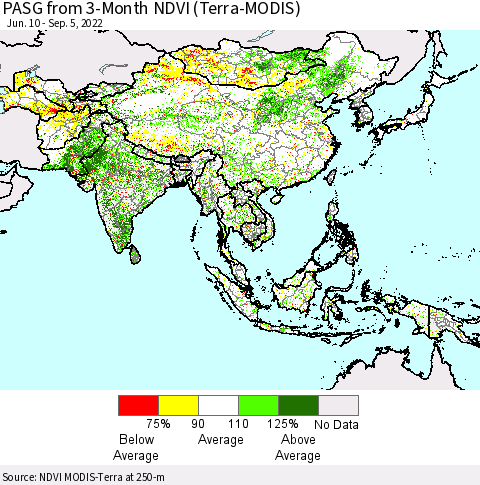 Asia PASG from 3-Month NDVI (Terra-MODIS) Thematic Map For 8/29/2022 - 9/5/2022