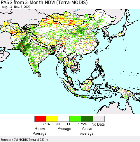 Asia PASG from 3-Month NDVI (Terra-MODIS) Thematic Map For 11/1/2022 - 11/8/2022