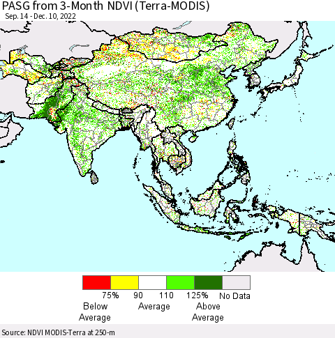 Asia PASG from 3-Month NDVI (Terra-MODIS) Thematic Map For 12/3/2022 - 12/10/2022