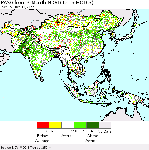 Asia PASG from 3-Month NDVI (Terra-MODIS) Thematic Map For 12/11/2022 - 12/18/2022