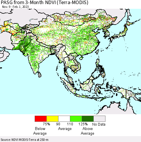 Asia PASG from 3-Month NDVI (Terra-MODIS) Thematic Map For 1/25/2023 - 2/1/2023