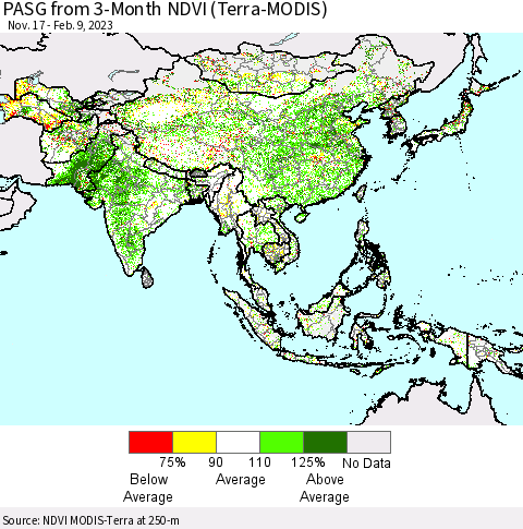 Asia PASG from 3-Month NDVI (Terra-MODIS) Thematic Map For 2/2/2023 - 2/9/2023