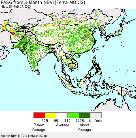 Asia PASG from 3-Month NDVI (Terra-MODIS) Thematic Map For 2/10/2023 - 2/17/2023