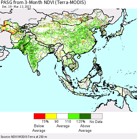 Asia PASG from 3-Month NDVI (Terra-MODIS) Thematic Map For 3/6/2023 - 3/13/2023