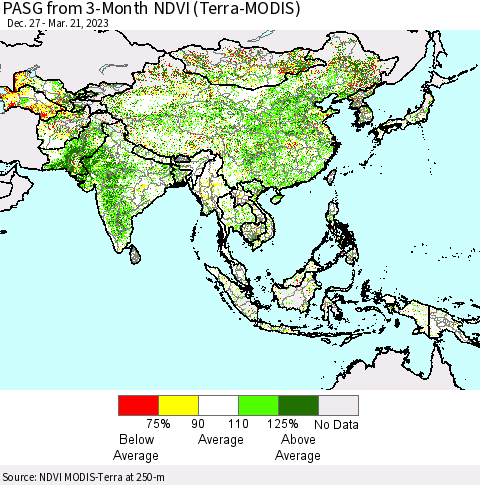 Asia PASG from 3-Month NDVI (Terra-MODIS) Thematic Map For 3/14/2023 - 3/21/2023