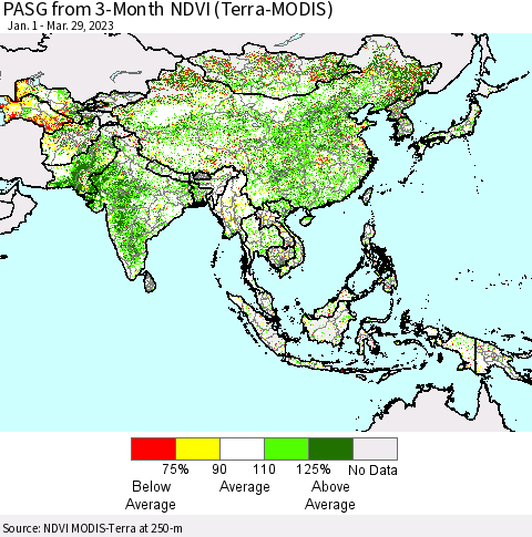 Asia PASG from 3-Month NDVI (Terra-MODIS) Thematic Map For 3/22/2023 - 3/29/2023