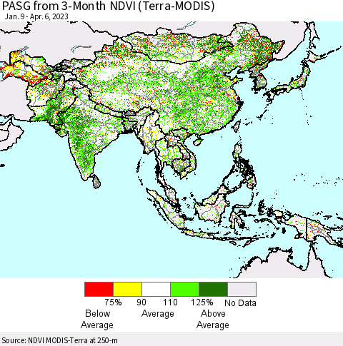 Asia PASG from 3-Month NDVI (Terra-MODIS) Thematic Map For 3/30/2023 - 4/6/2023