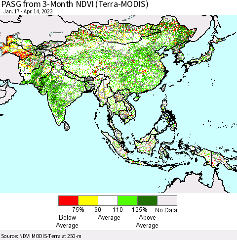 Asia PASG from 3-Month NDVI (Terra-MODIS) Thematic Map For 4/7/2023 - 4/14/2023