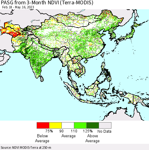 Asia PASG from 3-Month NDVI (Terra-MODIS) Thematic Map For 5/9/2023 - 5/16/2023