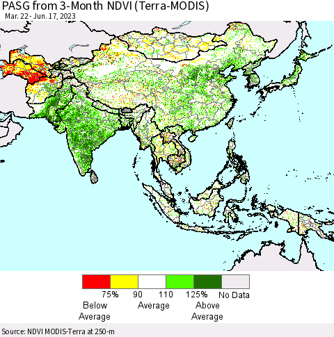 Asia PASG from 3-Month NDVI (Terra-MODIS) Thematic Map For 6/10/2023 - 6/17/2023
