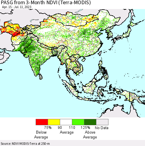 Asia PASG from 3-Month NDVI (Terra-MODIS) Thematic Map For 7/4/2023 - 7/11/2023