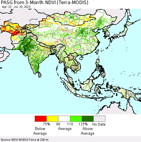Asia PASG from 3-Month NDVI (Terra-MODIS) Thematic Map For 7/12/2023 - 7/19/2023