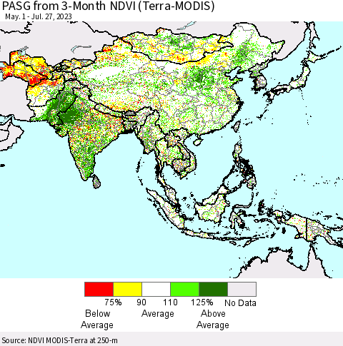 Asia PASG from 3-Month NDVI (Terra-MODIS) Thematic Map For 7/20/2023 - 7/27/2023