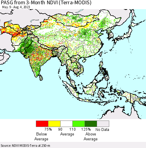 Asia PASG from 3-Month NDVI (Terra-MODIS) Thematic Map For 7/28/2023 - 8/4/2023